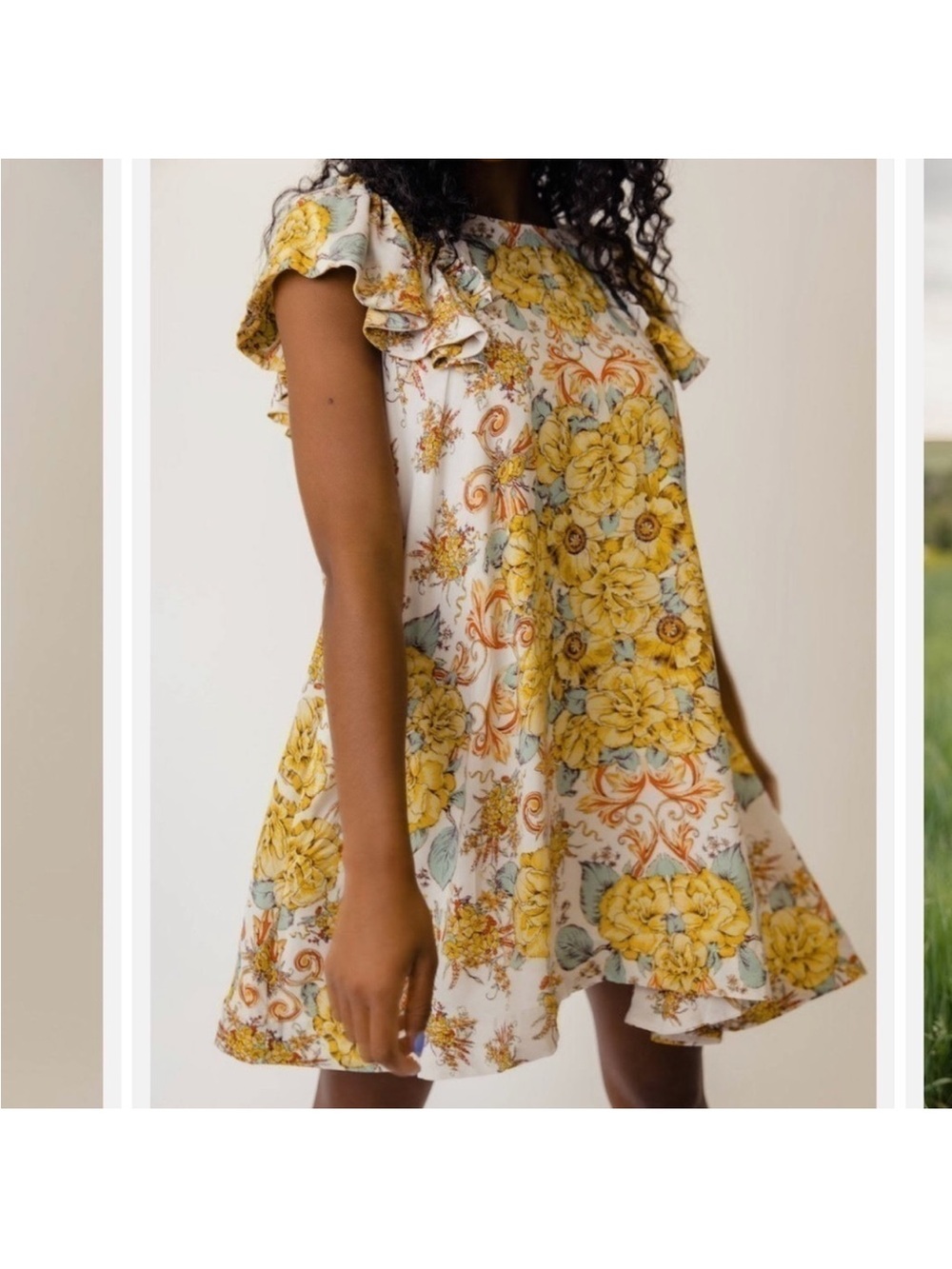 Free people Yellow Floral Ruffle Sleeve Dress